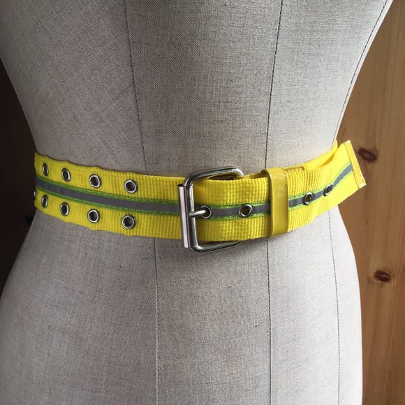 Bright Yellow and Green Striped Nylon Belt with Silver Buckle Size L - Picture 2 of 4